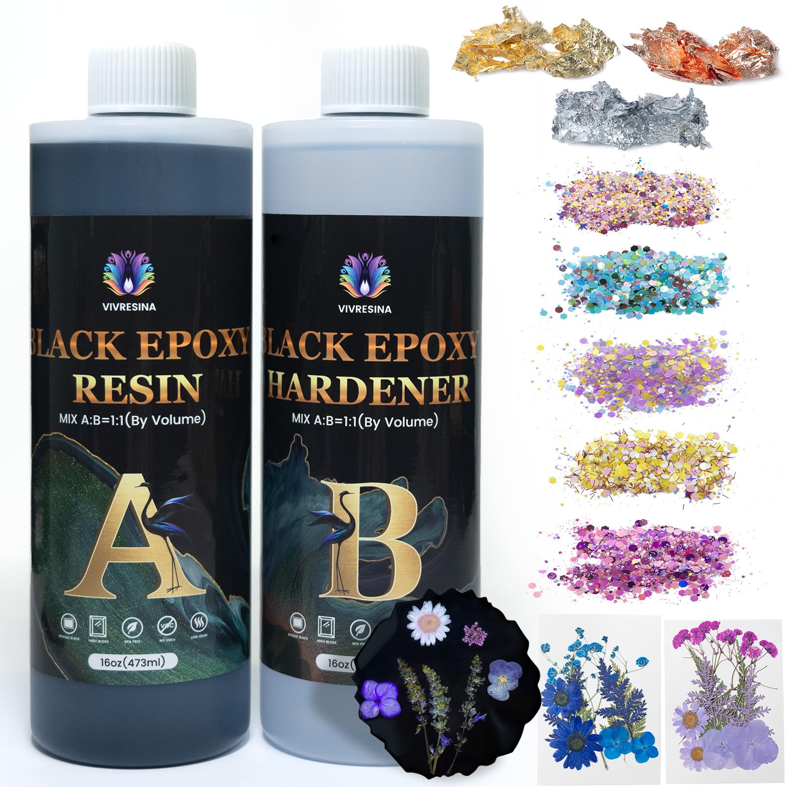 Black Epoxy Resin 32OZ with Dried Flowers Opaque Black High-Gloss Bubble Free Epoxy Kit