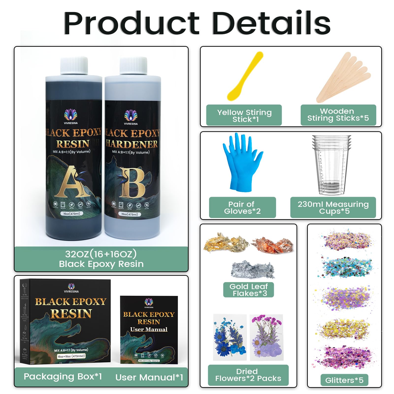 Black Epoxy Resin 32OZ with Dried Flowers Opaque Black High-Gloss Bubble Free Epoxy Kit