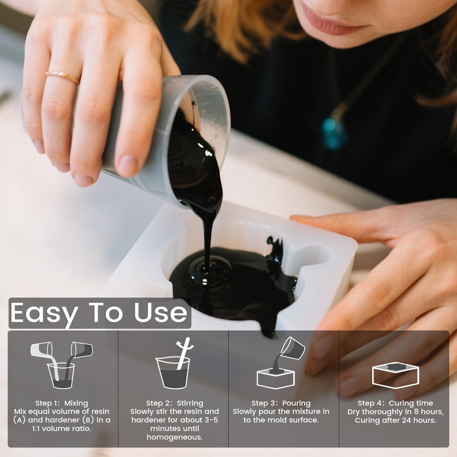 Black Epoxy Resin 32OZ with Dried Flowers Opaque Black High-Gloss Bubble Free Epoxy Kit